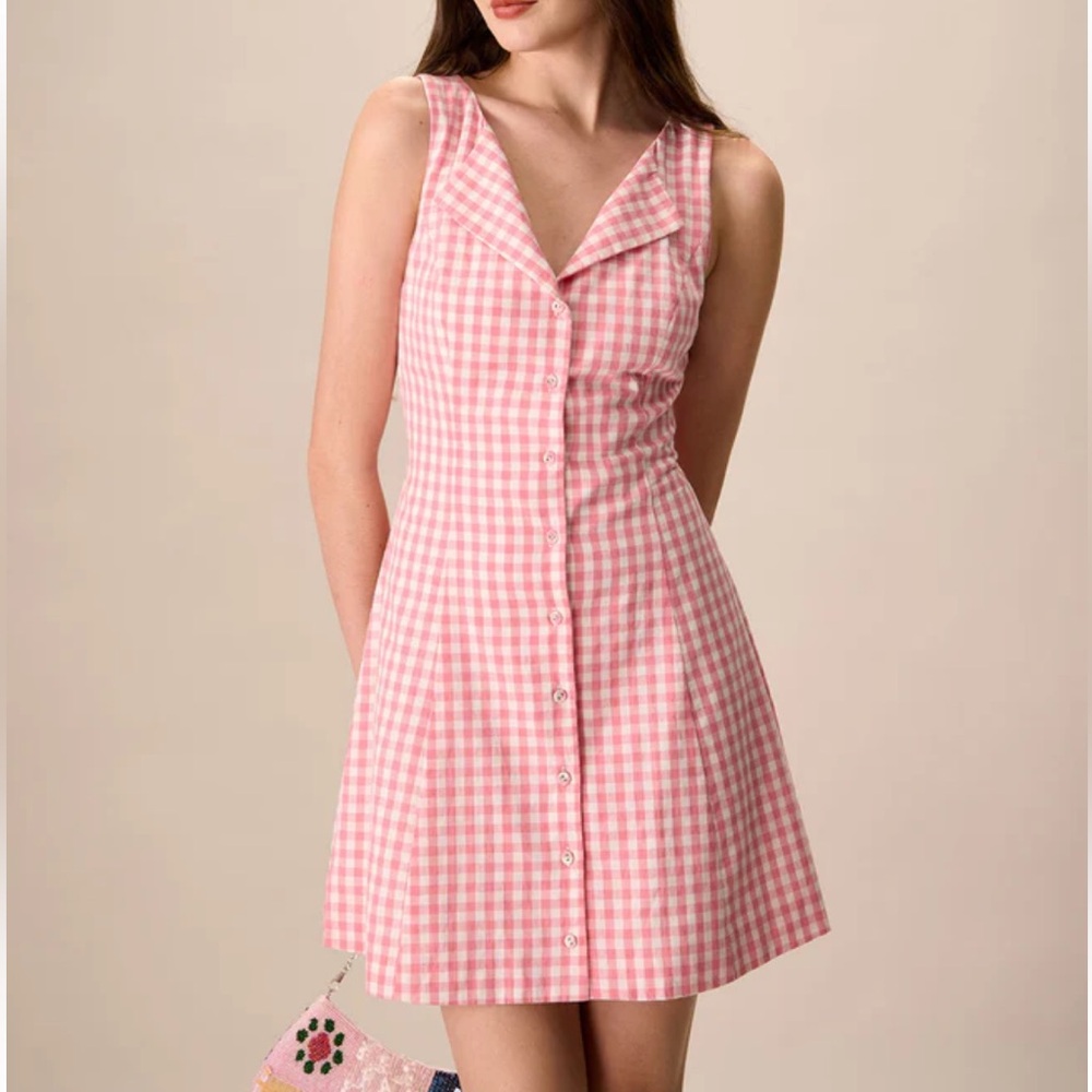 Rihoas Women's Pink V-Neck Plaid Cotton Mini Dress